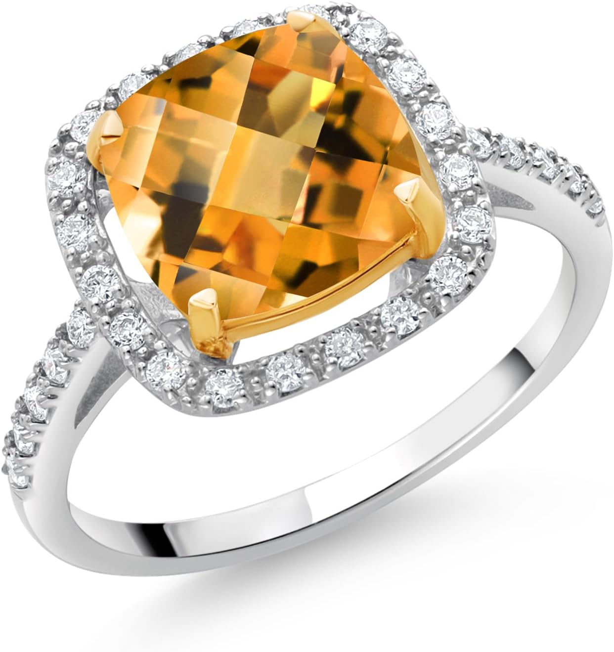 Gem Stone King 925 Sterling Silver and 10K Yellow Gold Citrine and Lab Grown Diamond Halo Engagement Ring for Women | 2.21 Cttw | Cushion Checkerboard 8MM | Wedding Anniversary Ring For Women