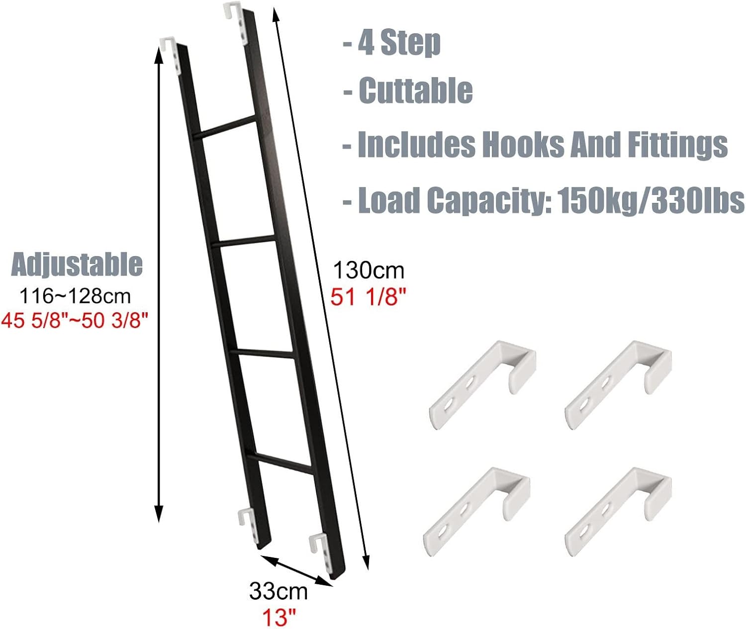 Black Bunk Bed Ladder Replacement, RV Camper Caravan Bunk Ladder Only, 45"/50"/55"/59" Metal Step Ladder for Home Dorm Loft, Adjustable (Size : 130cm/50)