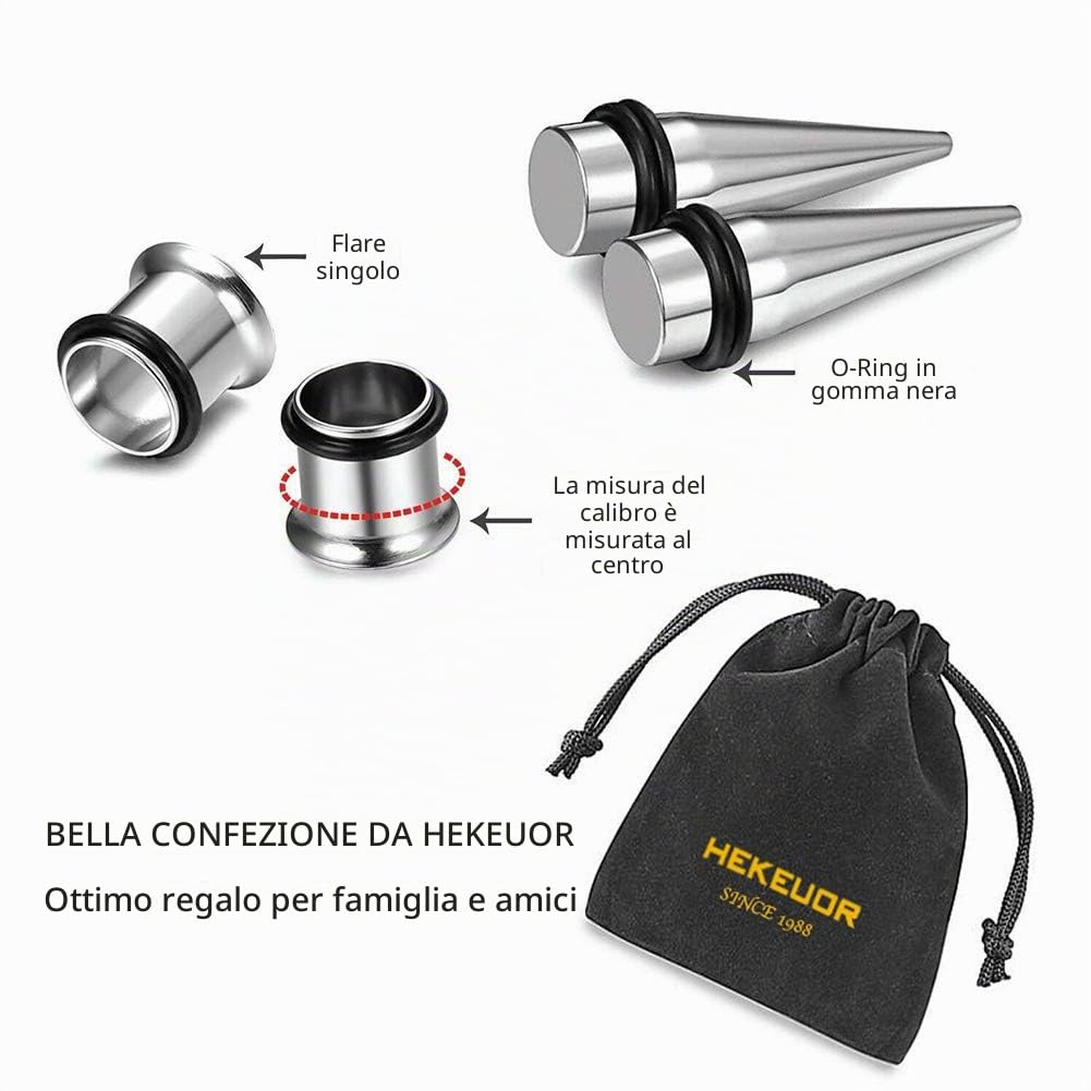 HEKEUOR Kit di dilatatori per orecchio in acciaio da 9 mm, 2 dilatatori in acciaio, 2 tunnel in acciaio, dimensioni tra 0 g (8 mm) e 00 g (10 mm)