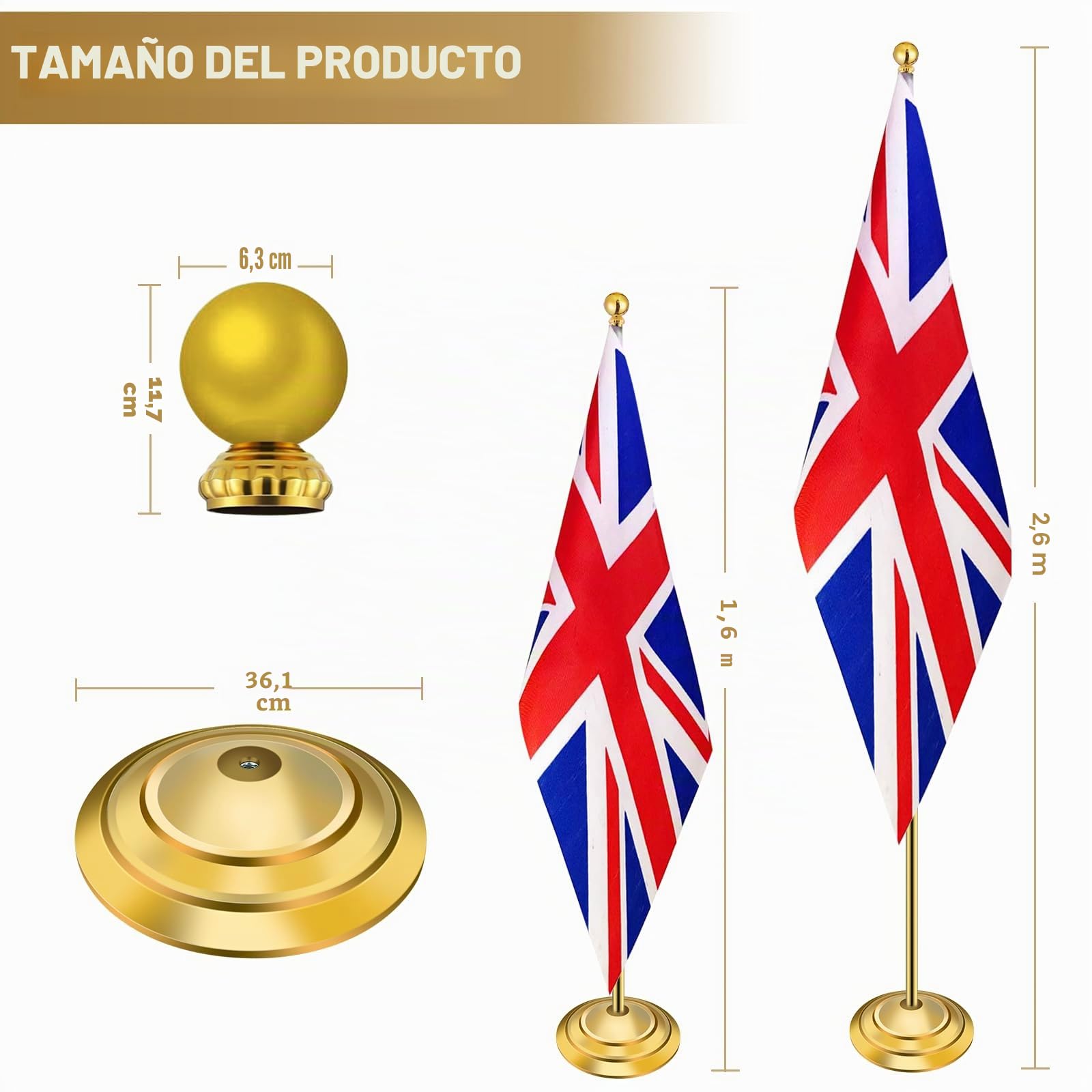 Kit de mástil de bandera para interiores con base pesada y gruesa, altura de 200 cm a 252 cm, mástil de bandera comercial de acero inoxidable para oficina, escuela, ayuntamiento, asta de bandera
