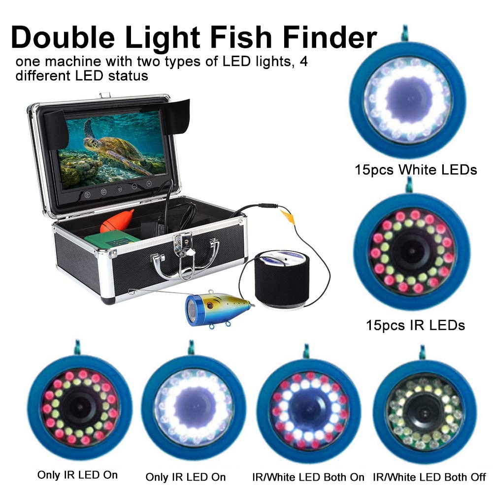 ASHATA Fischfinder Kamera, 50M Unterwasser HD 1000TVL Fischereikamera Unterwasserfischerei Kamera,wasserdichte Hochintensive 30 LEDs Kamera Fisch Finder mit 9 Zoll TFT Farbdisplay EU