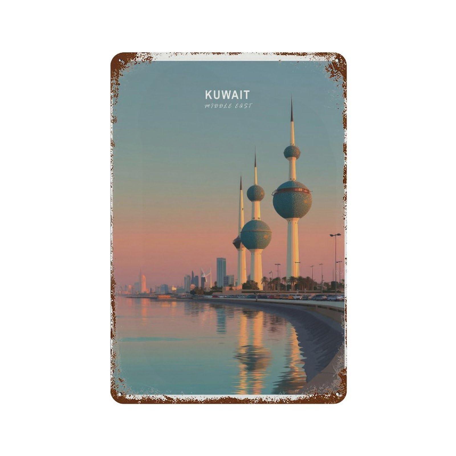 Kuwait Towers Travel City Skyline, Arabian Gulf Wall Decor Art Metal Tin Poster Modern Home Decor Art Home Bar Shop Decorations Vintage Sign 30x20cm