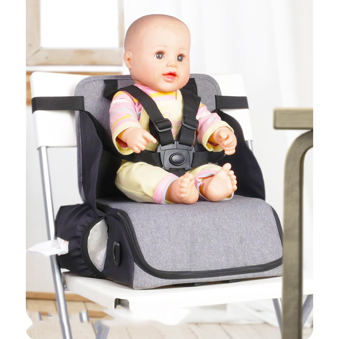 Sitzerhöhung Stuhl Kind, Reise Hochstuhl Baby, Klappbar Baby Essen Stuhl Tischsitz mit Rückenlehne und Verstellbaren Sitzgurten, Leicht zu Reinigender Stabiler, für Zuhause Unterwegs (Grau)