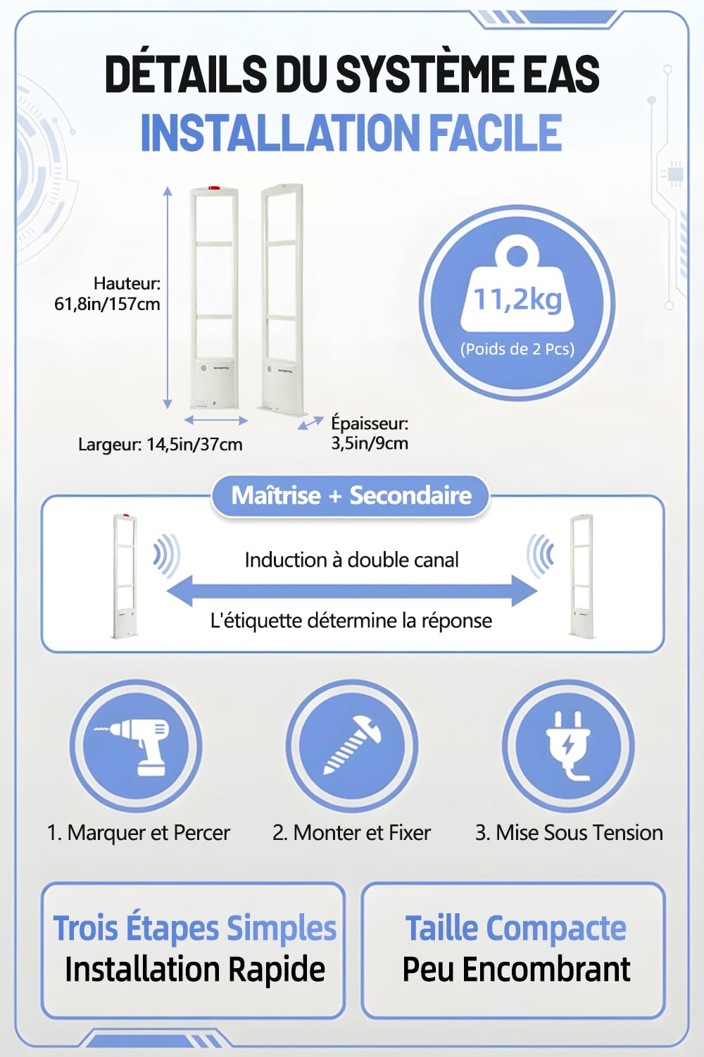Portique Antivol RF 8,2 MHz, Système Antivol Magasin avec Détection Stable, Alarme Sonore et Lumineuse, 100 Étiquettes RF et Accessoires Complets pour Boutiques, Blanc
