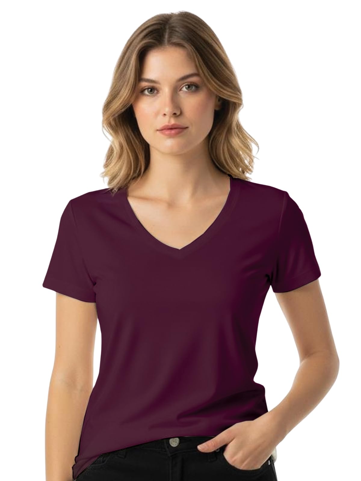 juneberry Cotton Lycra Regular Fit V- Neck Solid Core Half Sleeves T-Shirt for Women & Girls (Colors Available: Black, Green, Magenta, Blue, Orange & Limeade)-picture-18