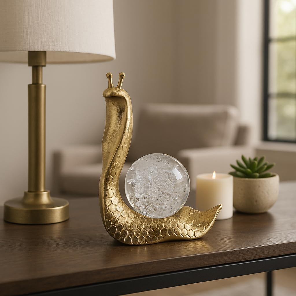 Decorative Snail Figurine Sculpture with Orb Glass Ball - Modern Statue Ideal for Home, Office, or Living Room Decor - Stylish Ornaments Accent for Bathroom, Shelf, or Coffee Table Decor - 8", Gold