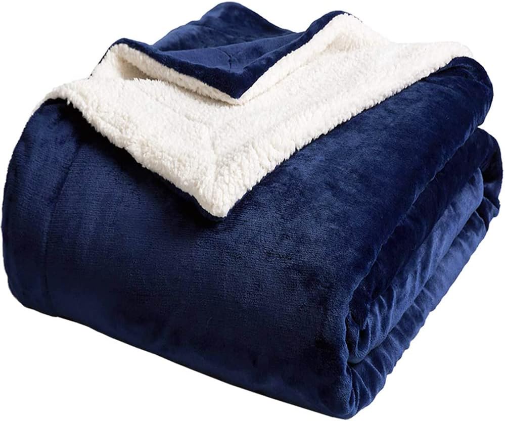 Kleverise Sherpa Fleece Bed Throw Blanket for Couch - Dark Blue Thick Fuzzy Plush Soft Warm Blankets and Throws for Sofa, 50x60 Inches