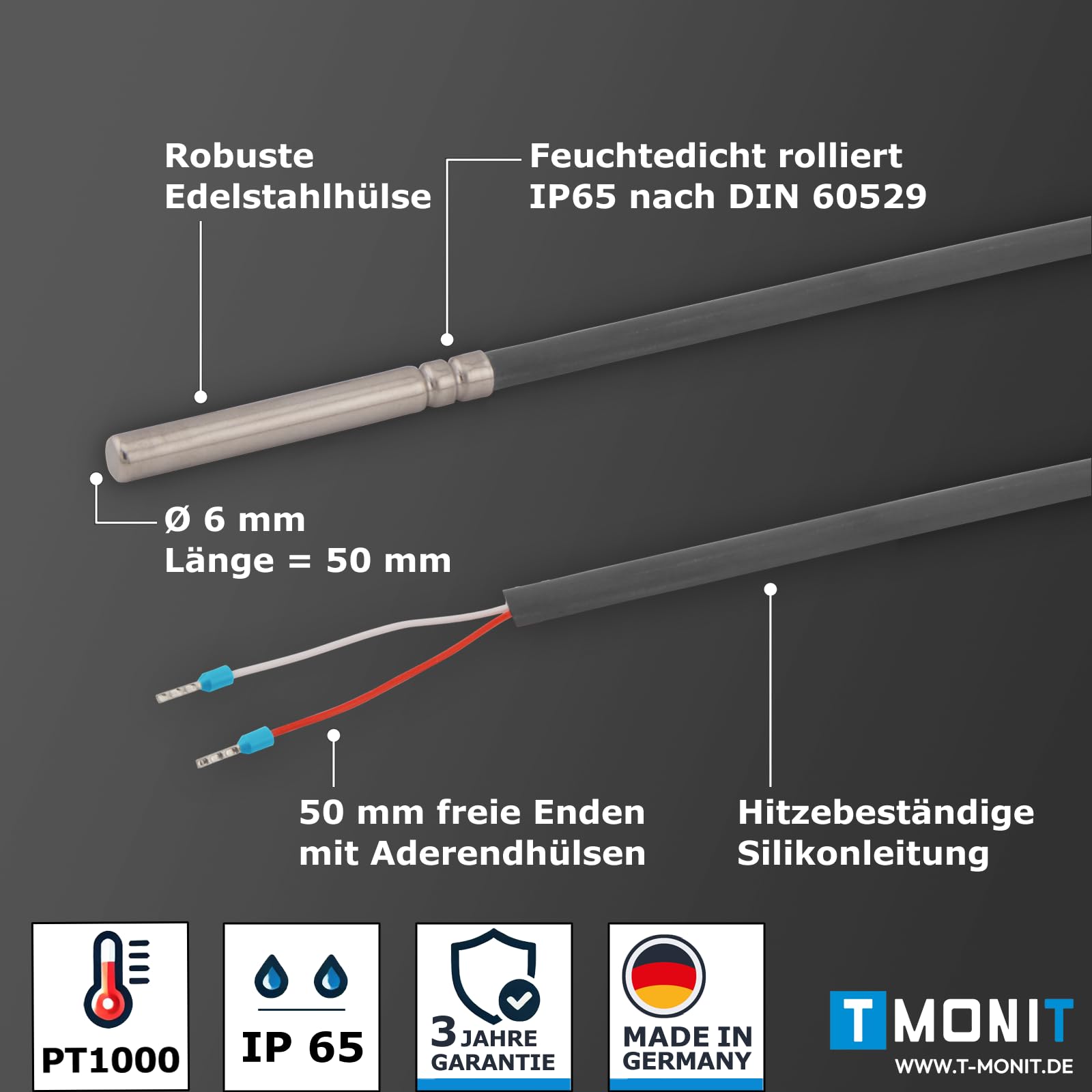 PT1000 Temperaturfühler 2er-Set – 5 m Silikonleitung | bis 200°C | Temperatursensor/Kabelfühler/Solarfühler | Made in Germany