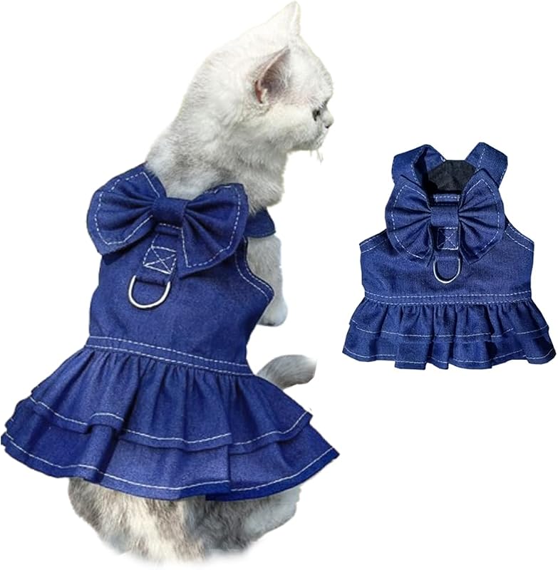 Vestido Jeans para Cães Pequenos com Saia de Babados e Argola D, JAAQUCD, Azul, X-Small