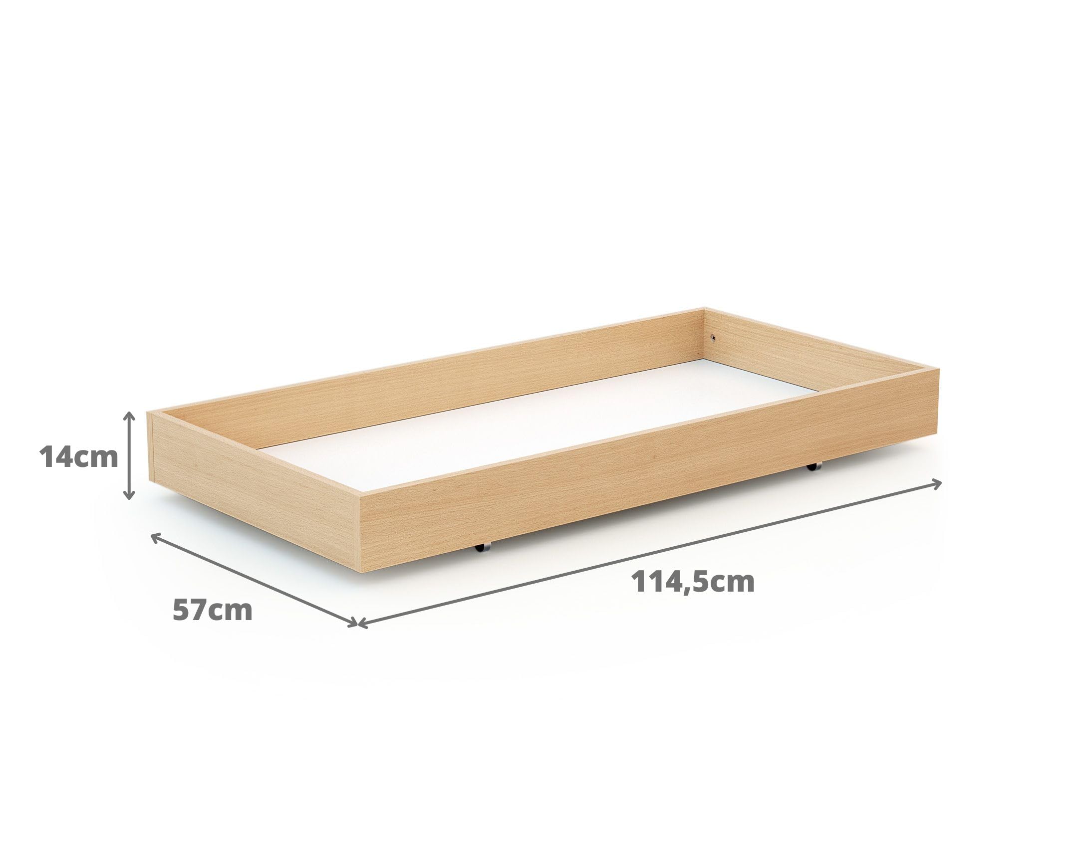 AT4 - Tiroir de lit ESSENTIEL Hêtre verni | Pour lit bébé 60x120 cm | Tiroir universel en bois | Tiroir à 4 roulettes | Hauteur 15cm | Rangement pratique et discret | Gain de place