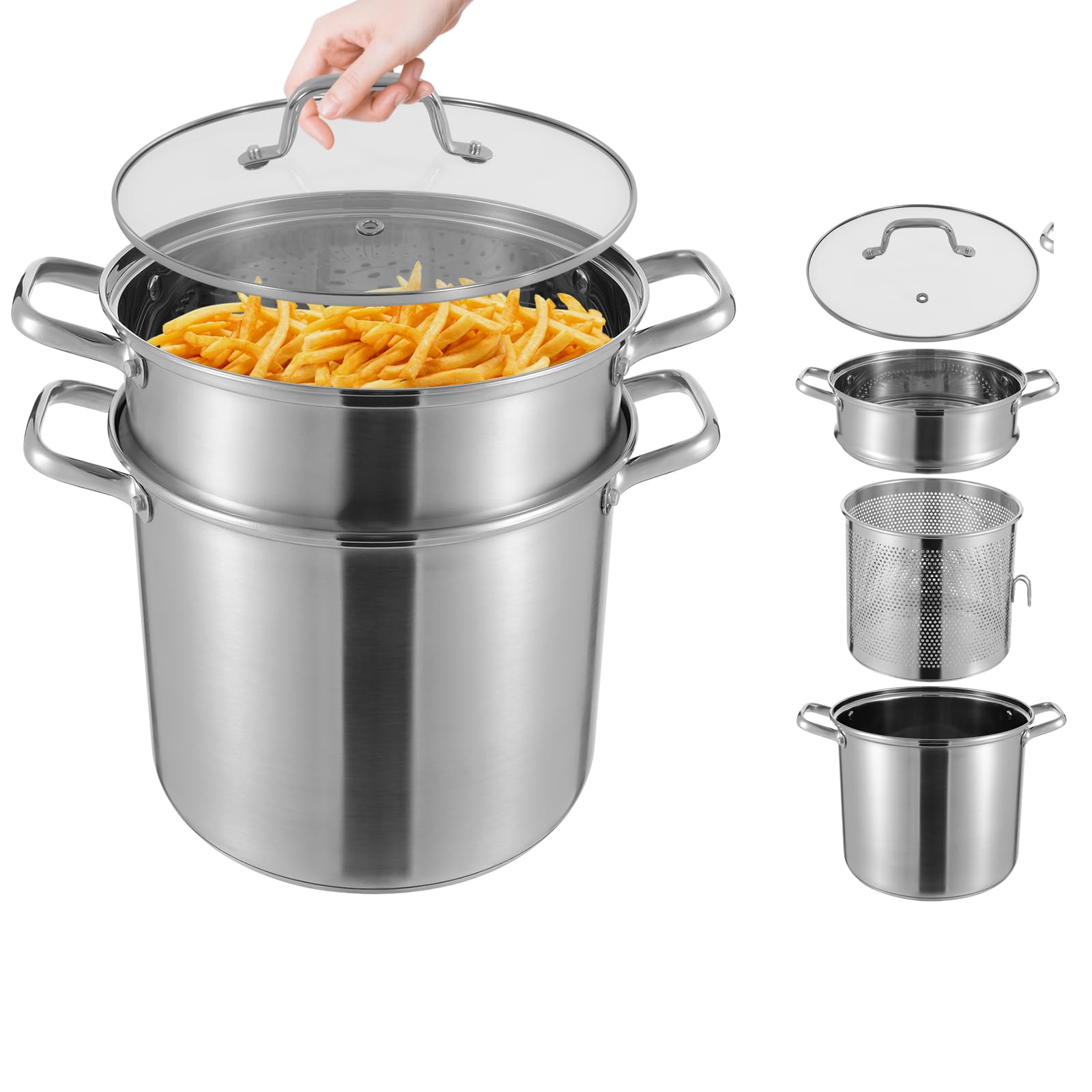 Olla grande de 8 L, de acero inoxidable con cesta de freír y al vapor, olla para sopa para cocinas de gas, cocinas de inducción, halógenas y eléctricas, apta para lavavajillas, 36,5 x 36,5 cm