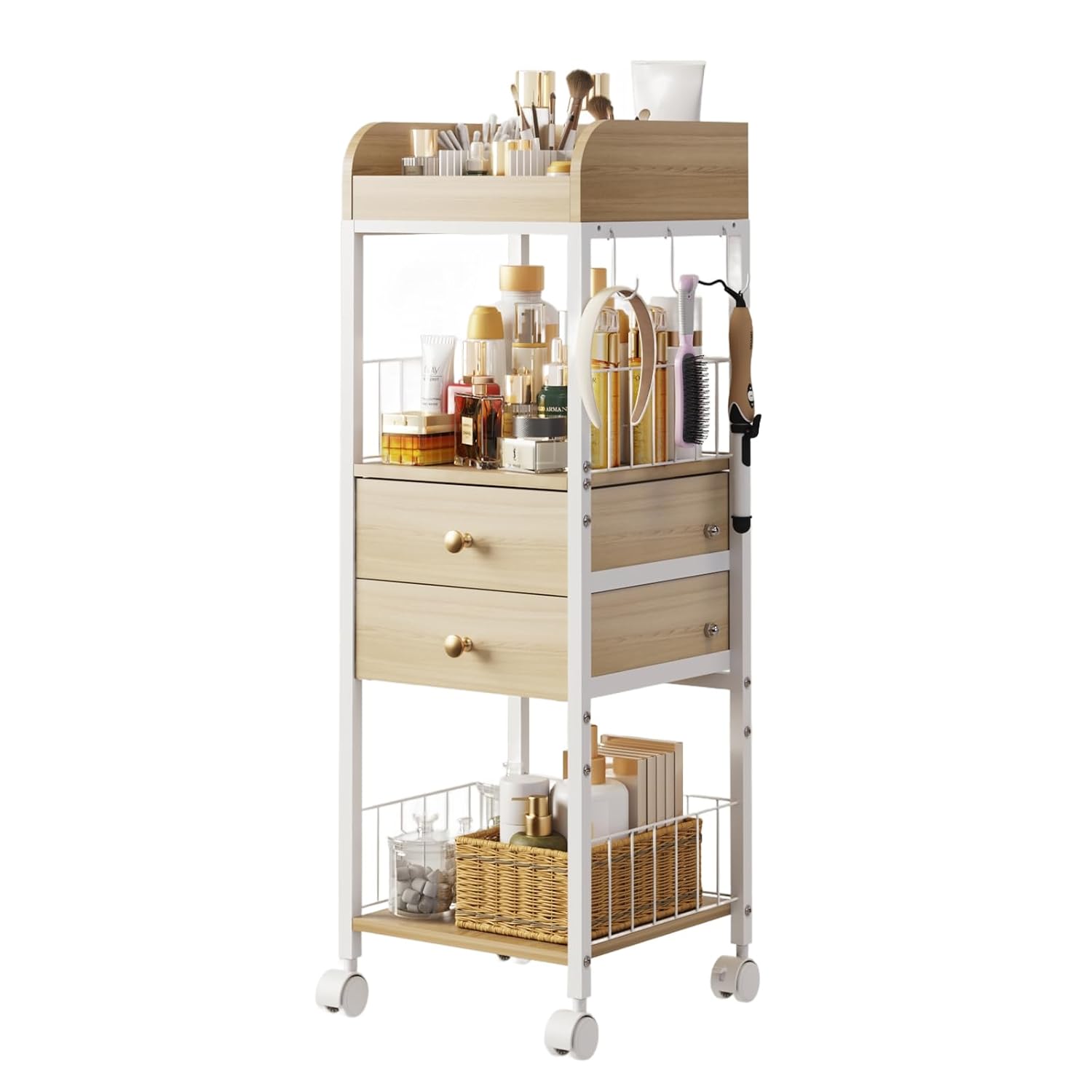 DongRong Makeup Organizer Cart, Rolling Floor Skincare Organizer and Storage with 2 Wooden Drawers, Cosmetics Display Cases Holder for Skin Care Perfume Hair Tools Nail Polish