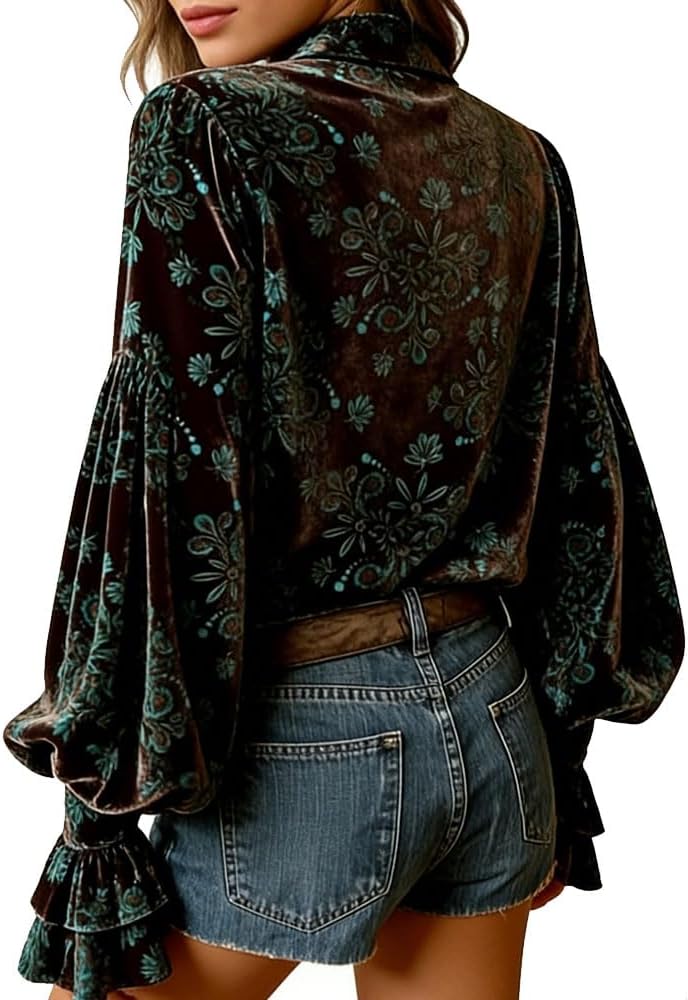 Womens Velvet Blouse Top Vintage Floral Puff Sleeve Fall Winter Loose Trendy Dressy Casual Elegant Shirts - Image 6