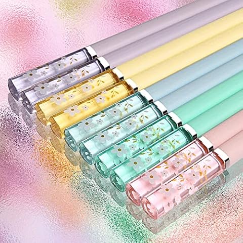 5 Pairs Chopsticks Fiberglass Chop Sticks Dishwasher Safe Reusable Non-Slip Chop Sticks 9.5 Inches/24cm Sakura Amber Japanese Chinese Style Colourful Chopstick Family Multipack Cover