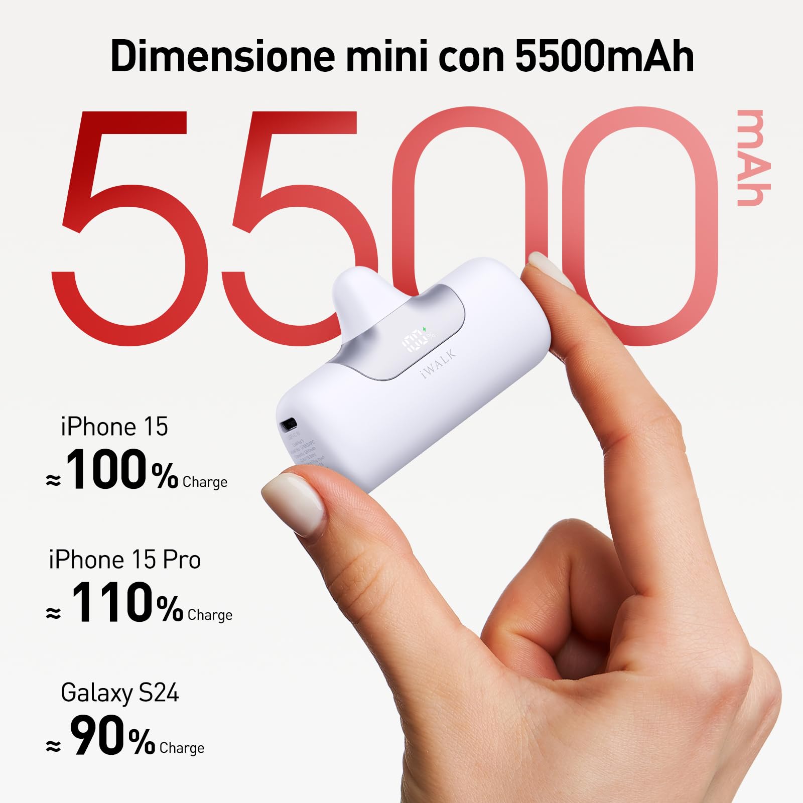 iWALK Power Bank Mini 5500mAh: Caricatore Portatile USB-C Compatto e Leggero, Ricarica Rapida 22,5W Compatibile con iPhone 16 Plus/16 Pro Max, iPad, Samsung Galaxy S24/S23, Android e Altri Dispositivi