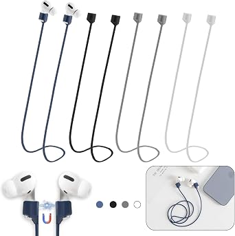 Magnetic Anti-Lost Straps for AirPods,4 Pack Ultra Strong Magnetic AirPods Strap Anti-Lost Neck Rope Cord,Soft Silicone Sports Lanyard Compatible with AirPods 1&2/ Pro /2nd/3rd Black/White/Grey/Blue