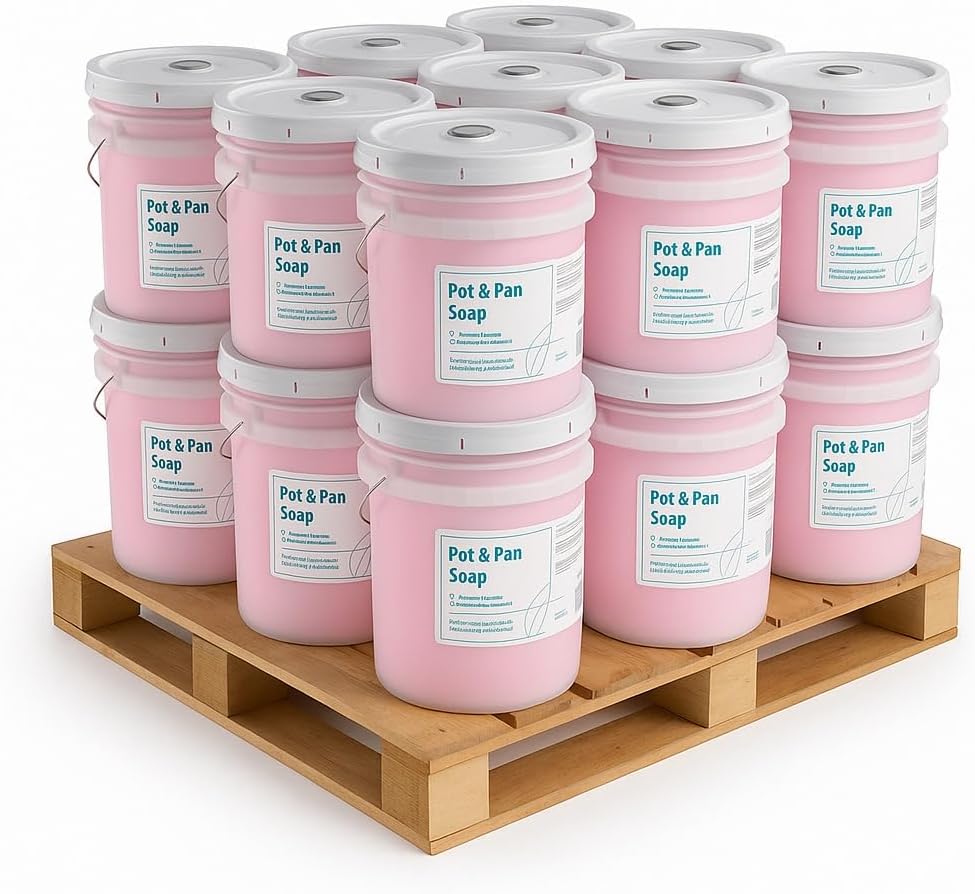 Commercial Pot and Pan Soap – 5-Gallon / 640 oz Concentrated Dishwashing Detergent, High-Foam Grease Remover, Biodegradable Formula for Restaurant Use, Bulk Pallet of 16 Pails