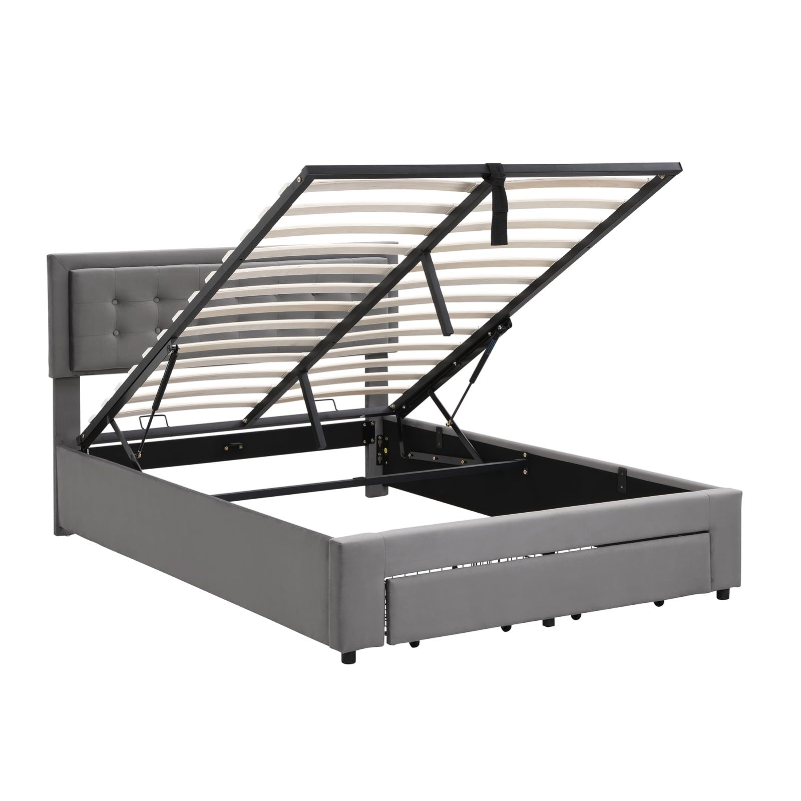 Letto matrimoniale 160x200 con contenitore - letto imbottito in velluto, 4 cassetti, rete a doghe, ampio storage, Grigio | Leroy Merlin