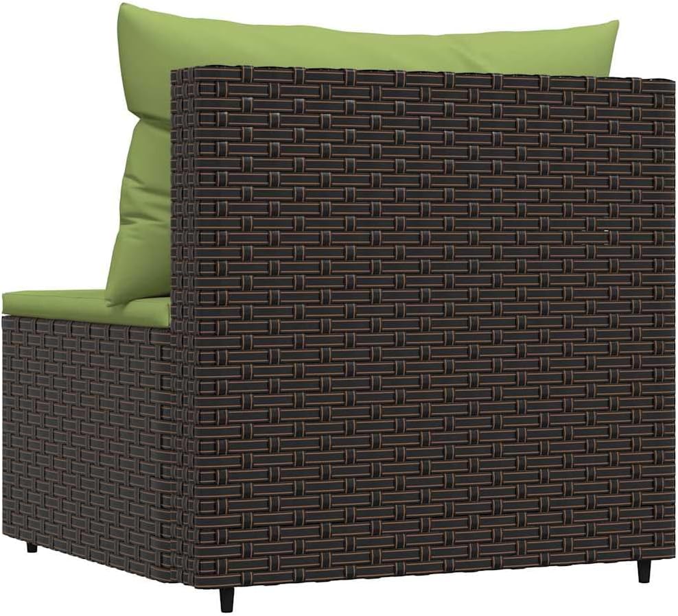 Brown PE Rattan Patio Loveseat Outdoor Modular Middle Sofa 24.8 x 22.6 in, Powder-Coated Steel Frame, Adjustable Feet, Green Cushion for Balcony Garden Backyard Seating