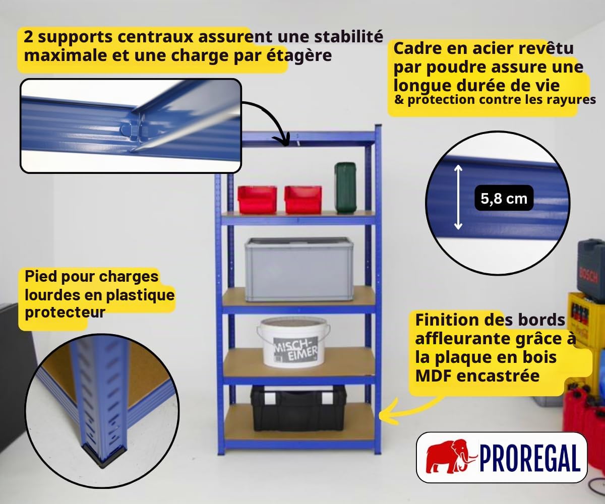 PROREGAL Étagère Robuste Taurus | HxLxP 180x90x60cm | Charge Totale 175kg | Bleu | étagère de Cave, étagère enfichable, étagère de Garage