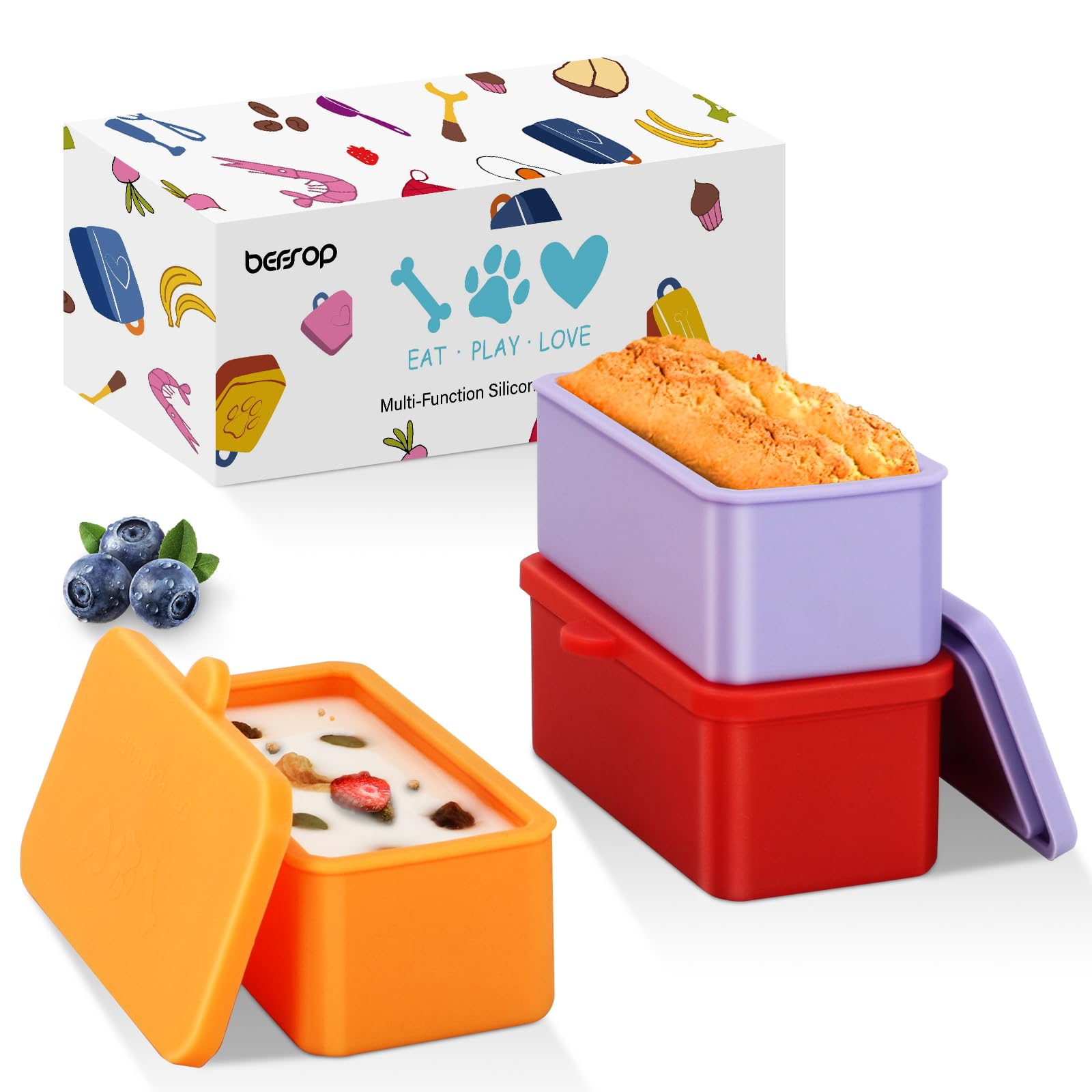 BEFSOP Salad Dressing Container To Go, Compatible with Bentgo Lunch Box for kids,3x5oz Food Safe Silicone Small Condiment Containers with Lids,Reusable Silicone Baking Cups Snack Containers Sauce Cups