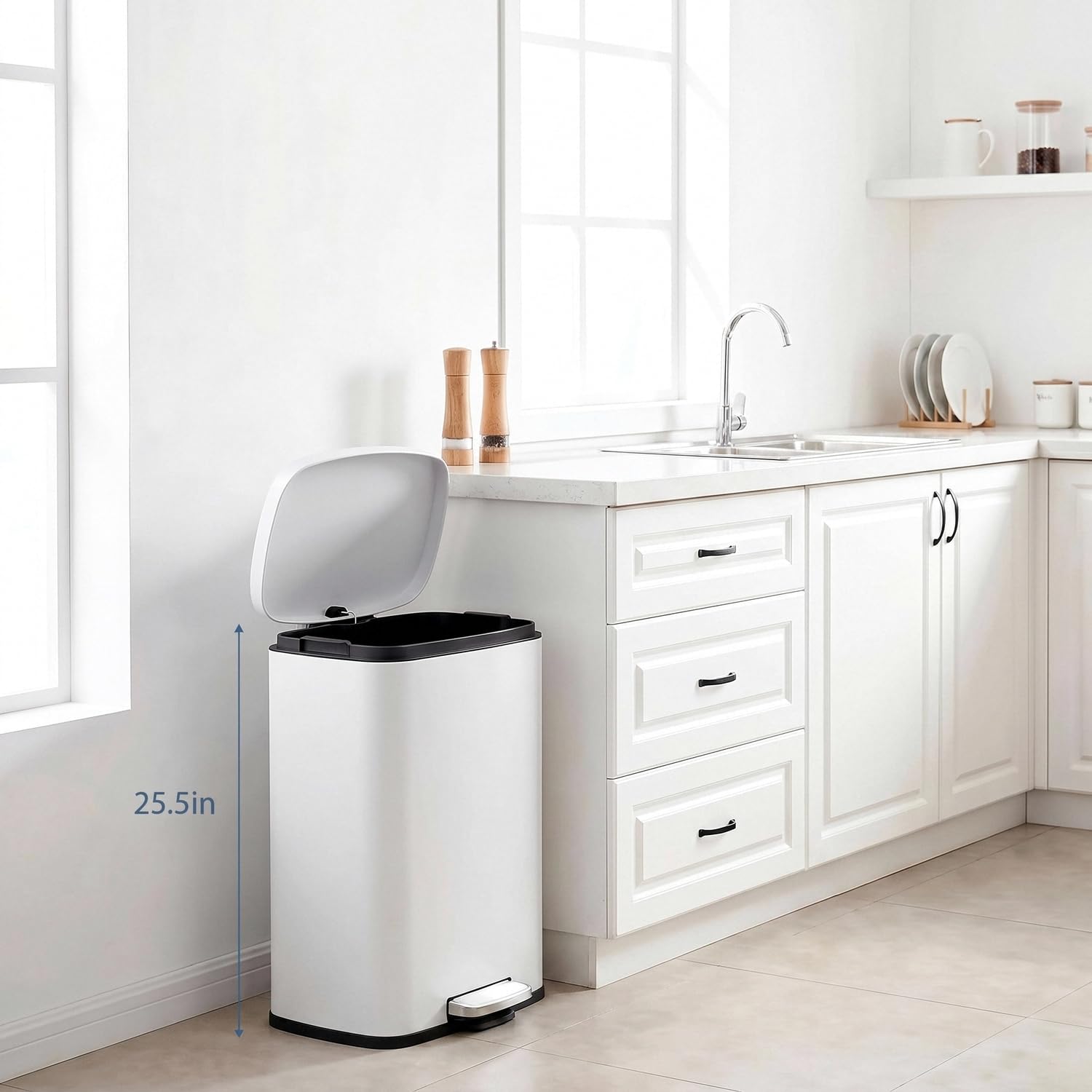 Arlopu 13 gal (50 L) and 2.6 gal (10 L) Kitchen Trash Can Combo Set, White