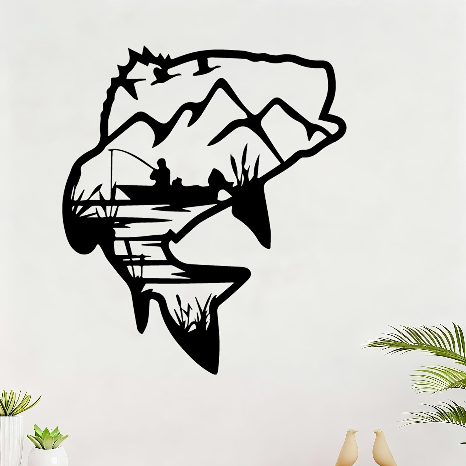 Decoración de pared abstracta contemporánea de metal con escena de pesca pacífica: un pescador sereno lanzando su caña al lago. Mural de escultura de hierro resistente a la intemperie, ideal para