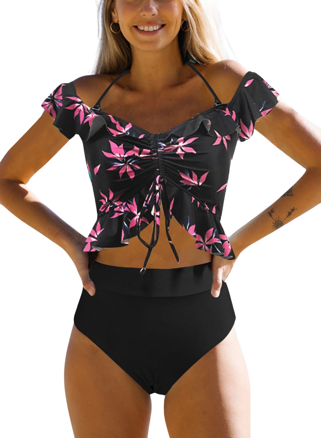 JFAN Trajes de Baño para Mujer Top Corto con Cuello Halter y Volantes Bañador de Colores con Hombros Descubiertos