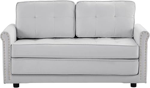 Miniatura 37 de Moderno sofá biplaza de terciopelo de 59 pulgadas con 2 bolsillos, sofá cama convertible tapizado con respaldo múltiple ajustable, sofá futón con