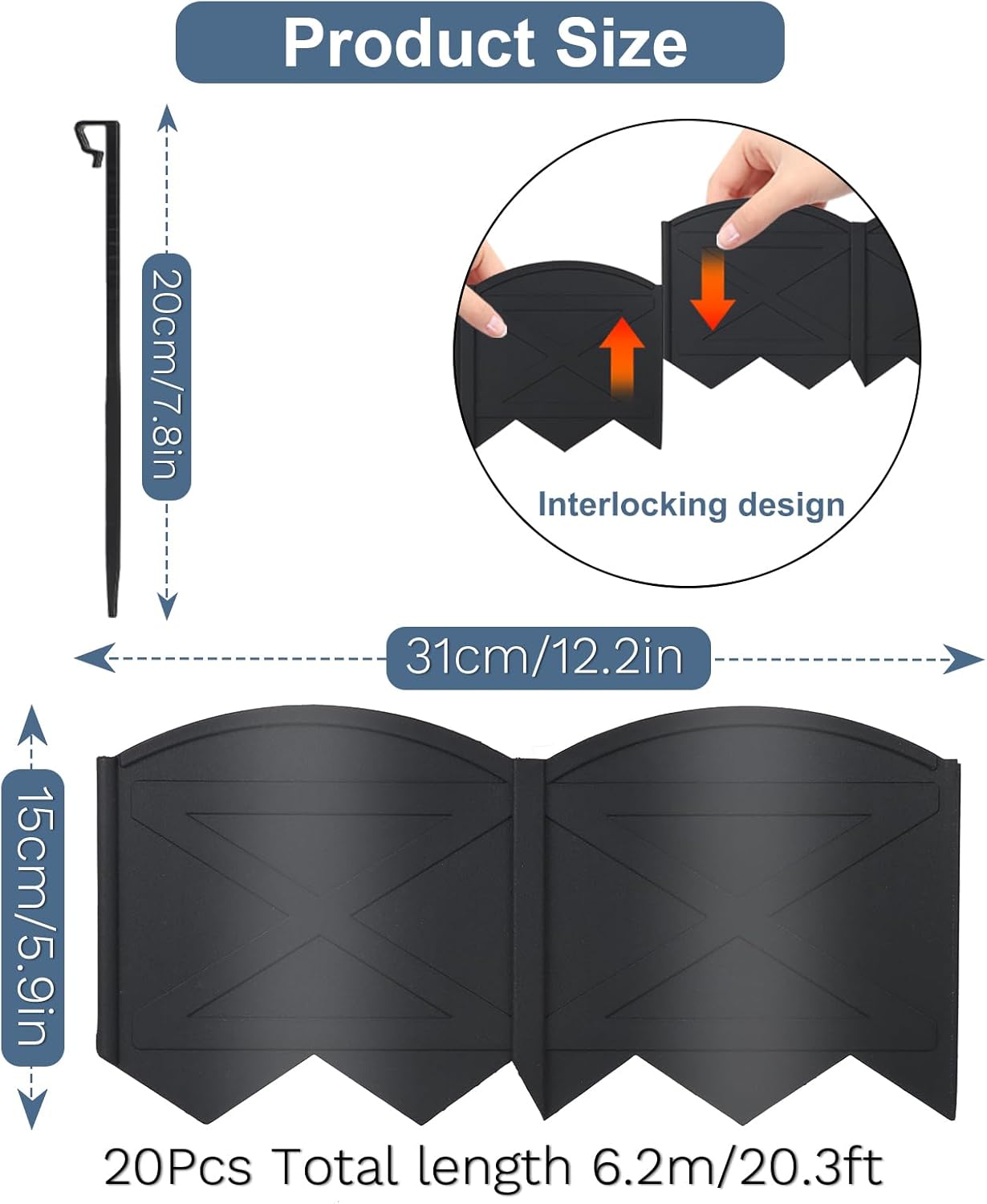 Garden Edging 20Ft Landscape Edging 6 Inch Height with 20Pcs Stakes, 20Pcs Plastic Garden Edging Border No Dig Black Edging for Landscaping Flower Bed Edging Borders Lawn Edging