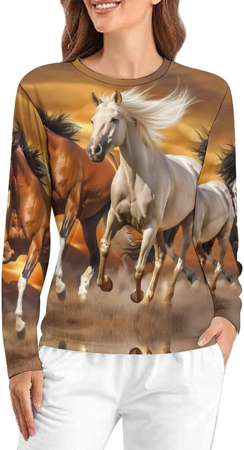 Three Running Horses Women's Pajama Top Sleepwear Pajamas Sleep T-Shirt Long Sleeve Shirt Crewneck Tee