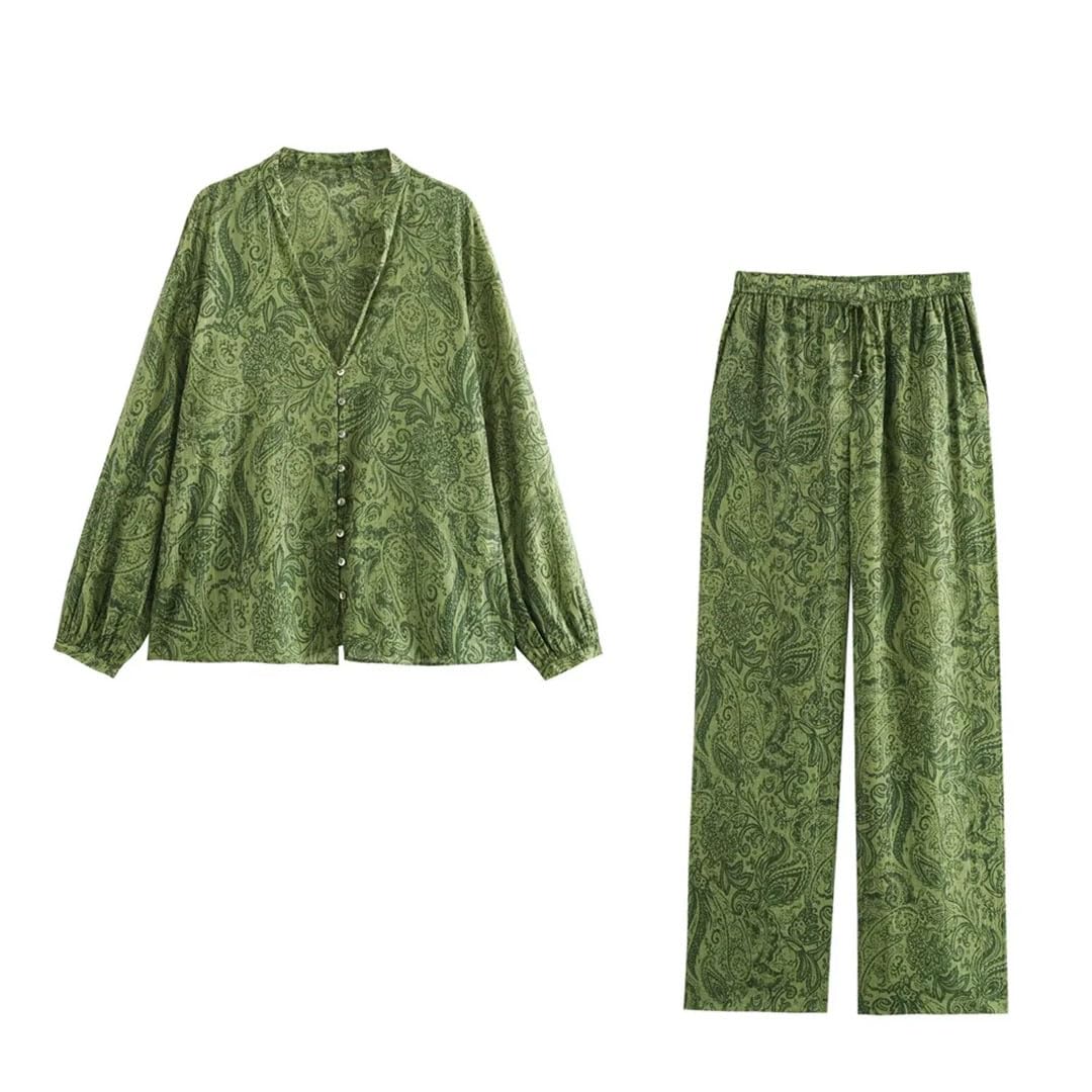 Set di pantaloni dritti da donna con scollo a V a maniche lunghe in metallo stampato camicia elastica in