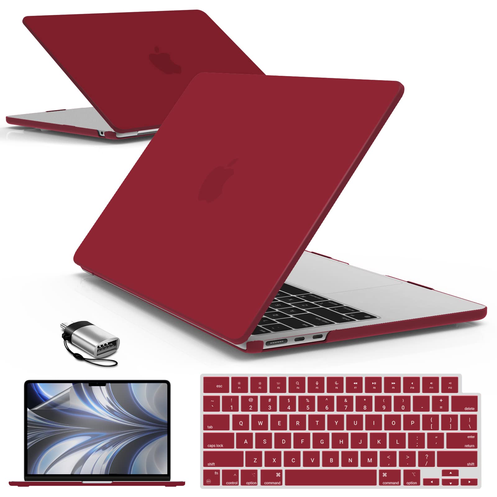 IBENZER Compatible with 2025 2024 2023 2022 MacBook Air 13 inch Case M4 A3240 M3 A3113 M2 A2681, Hardshell Case & KeyboardCover & ScreenFilm & Type-C for Mac Air 13.6, Wine Red, AT13-KK-WR+2TC