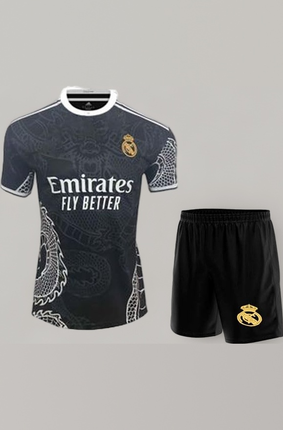 Real Madrid New Season Black Dragon Print Ronaldo 07 Football Kids Jersey Set