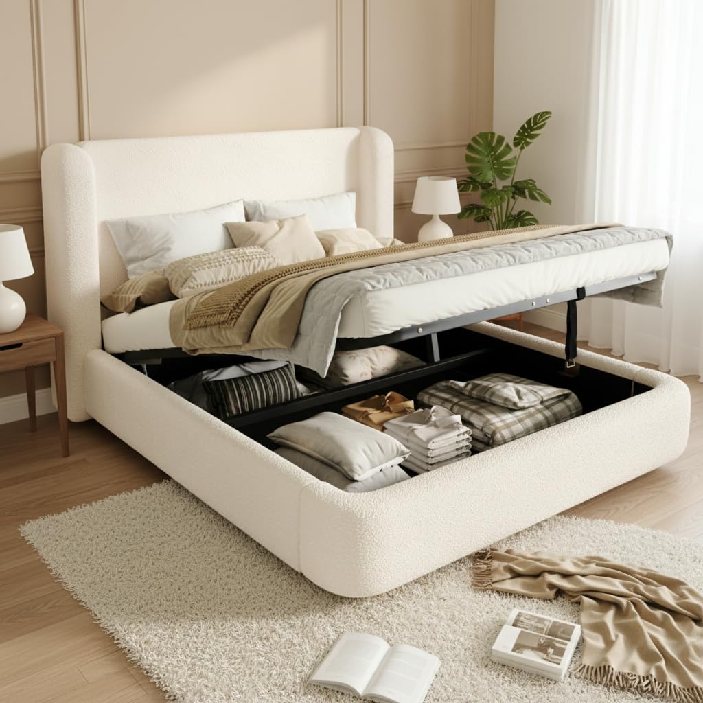 Mrwoo Cama Tapizada 160x200cm de Almacenamiento Hidráulico, Cama con Somier de Láminas, Bouclé, Beige (Cama Sin Colchón)