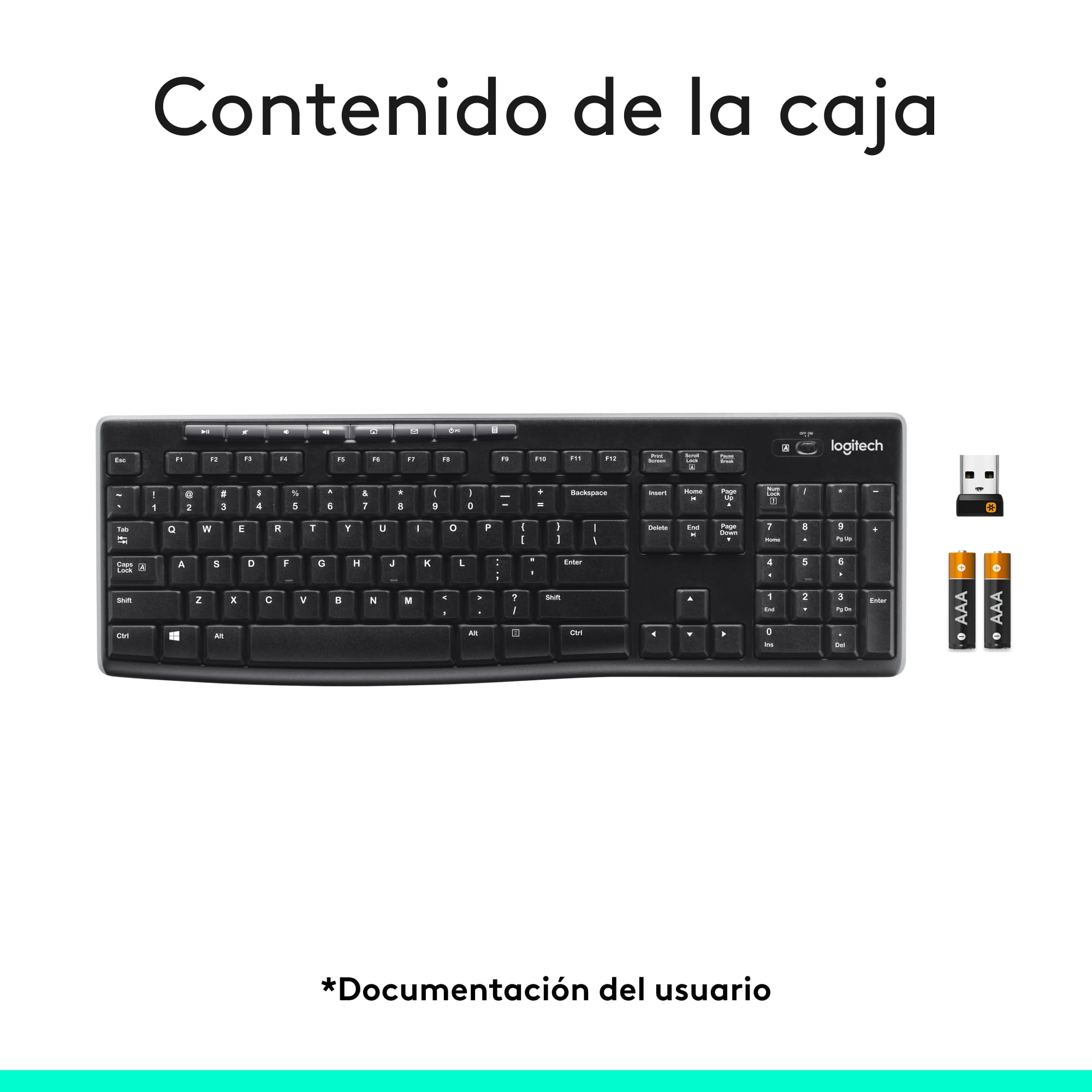 Logitech K270 Teclado Inalámbrico a 2 | Teclado 2,4 GHz para Windows, tamaño completo, 8 teclas multimedia, batería 2 años, QWERTY Español - Negro