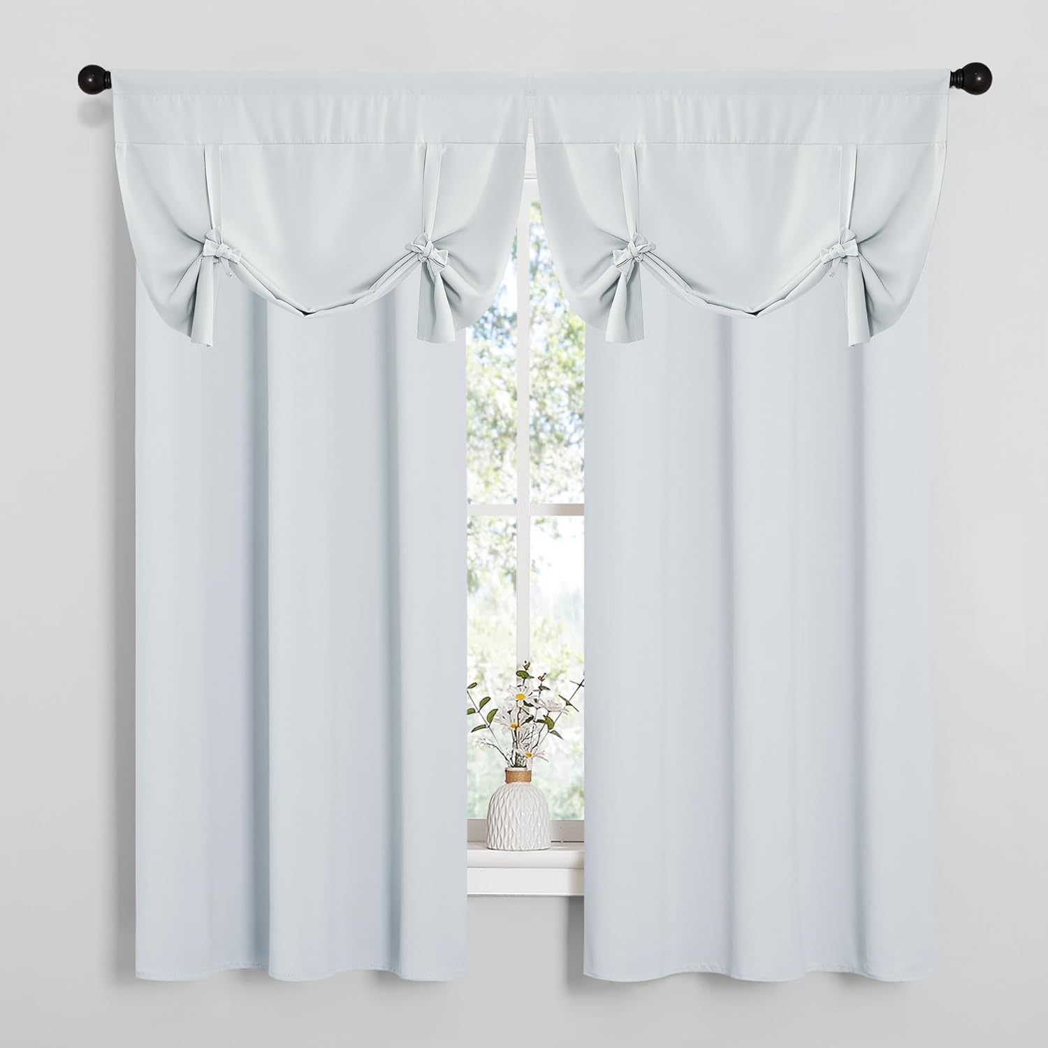 NICETOWN 1 Panel 46" x 63" Tie up Curtain with 2 Panles 34" x 60" Gromemt Blackout Curtains for Living Room Thermal Insulated Window Shade for Bedroom, Greyish White