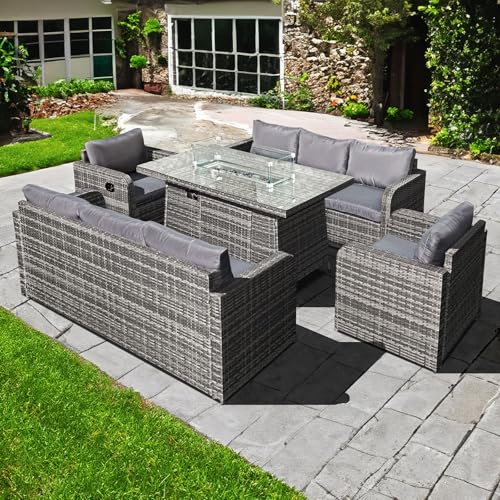 Oseasons Amalfi Rattan 8 Seat Firepit Sofa Set in Mixed Grey - Deep Seating Lounge Style Outdoor Patio Furniture with Recliner Armchairs, Integrated Gas Firepit, Free Rain Cover