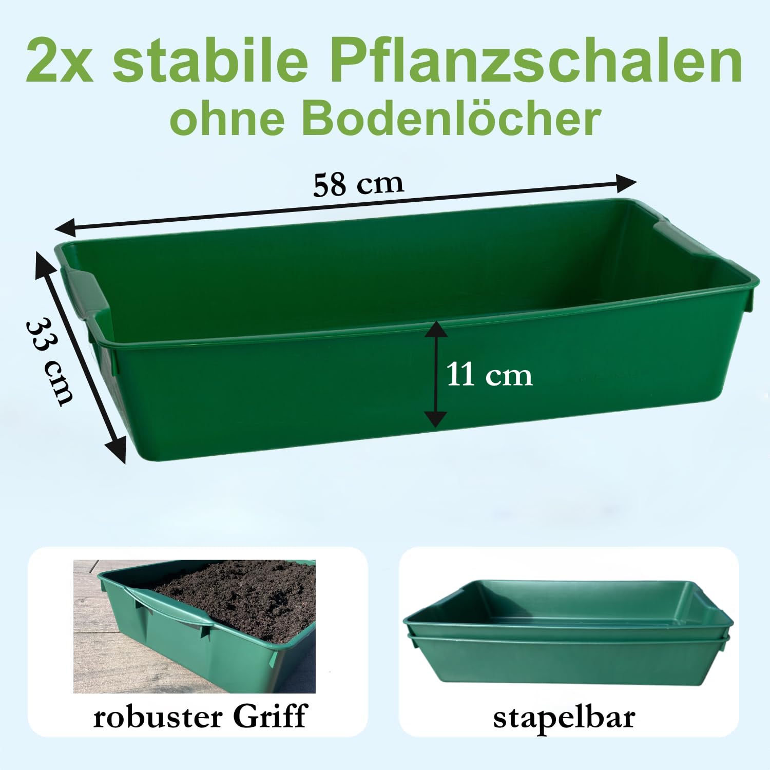 KRONLY 2-częściowa stabilna taca do sadzenia bez otworów w dnie - 58 x 33 x 11 cm - taca na nasiona do rozmnażania roślin w ogrodzie