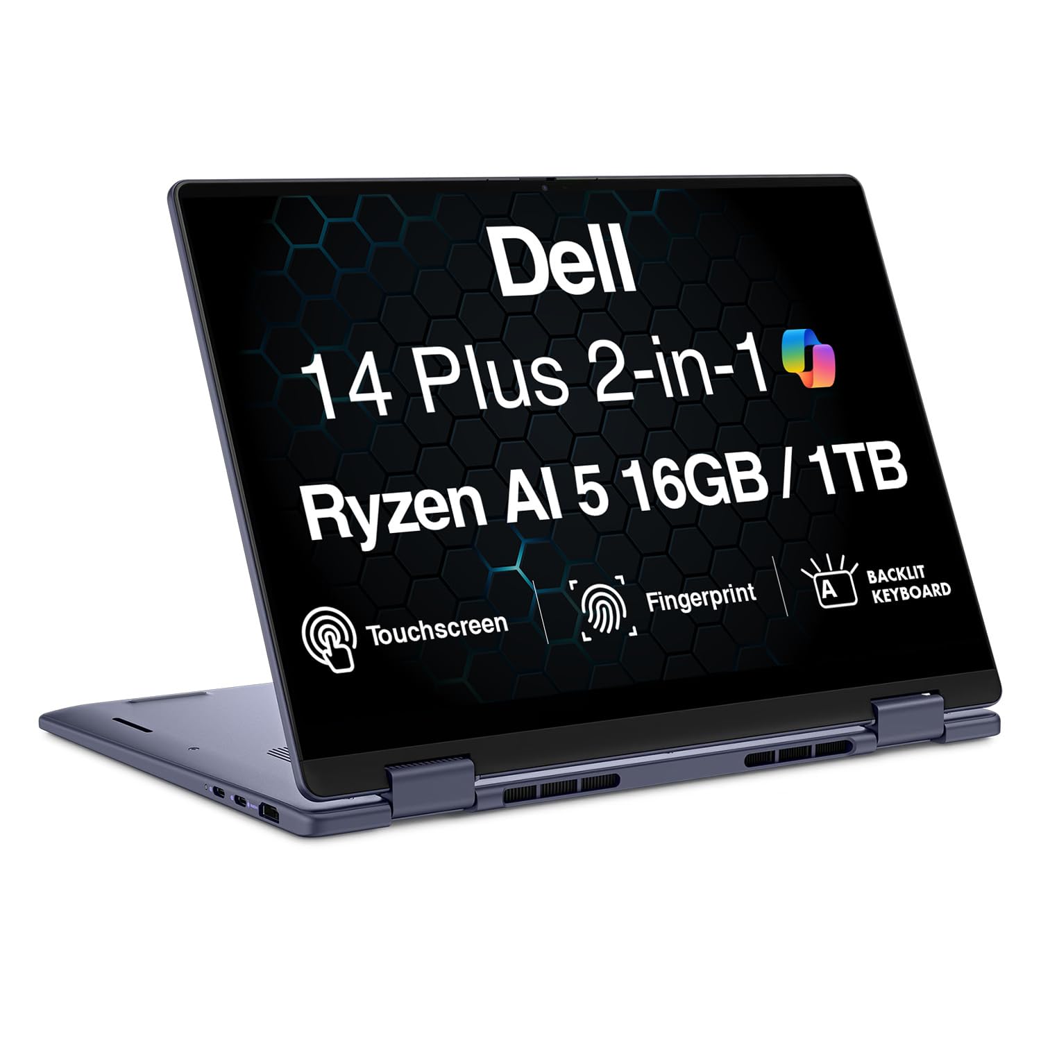 Dell 14 Plus AI Powered 2-in-1 Laptop 14.0" Touchscreen IPS WUXGA Display (AMD Ryzen AI 5 340, 16GB LPDDR5X, 1TB PCIe SSD, Backlit KB, Fingerprint, WiFi 7, Webcam, Win 11 Pro)
