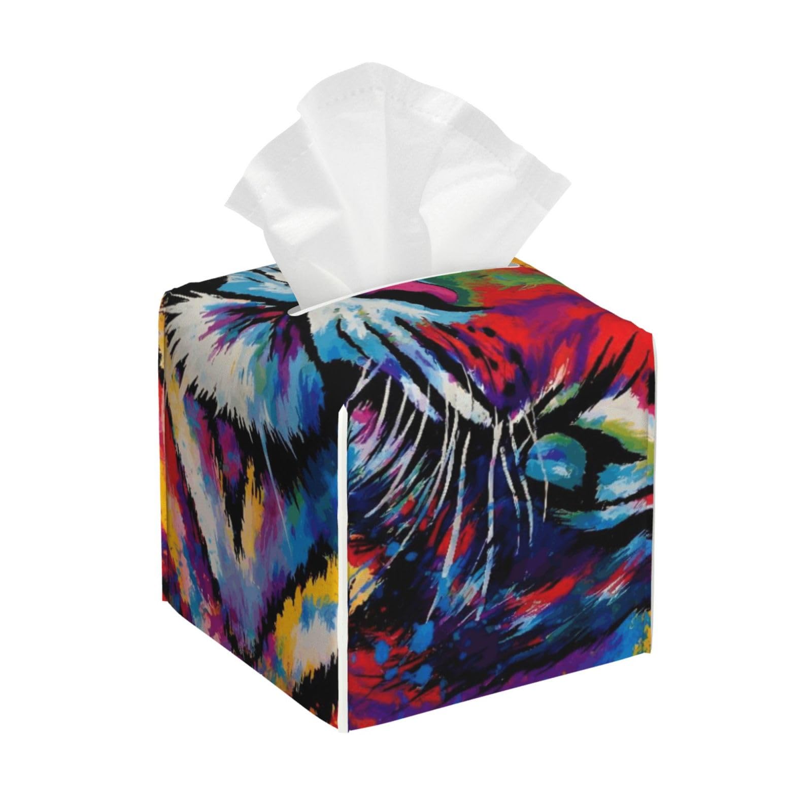 Colorful Splash Ink King of Tiger Art Leather Tissue Box Cover Holder Square Facial Paper Organizer 5.2" X 5.2" X 5.2"