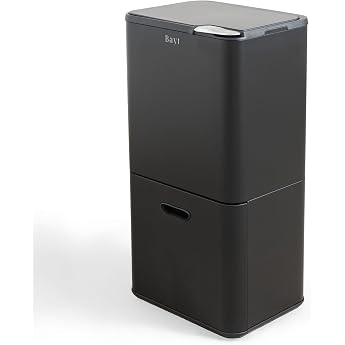 Bayt 60 Litre Kitchen Waste Separation Bin - 60 Litre Waste Separation Container with Two Inner Buckets for Waste Separation Vertical Waste Bin Made of Matte Black Stainless Steel