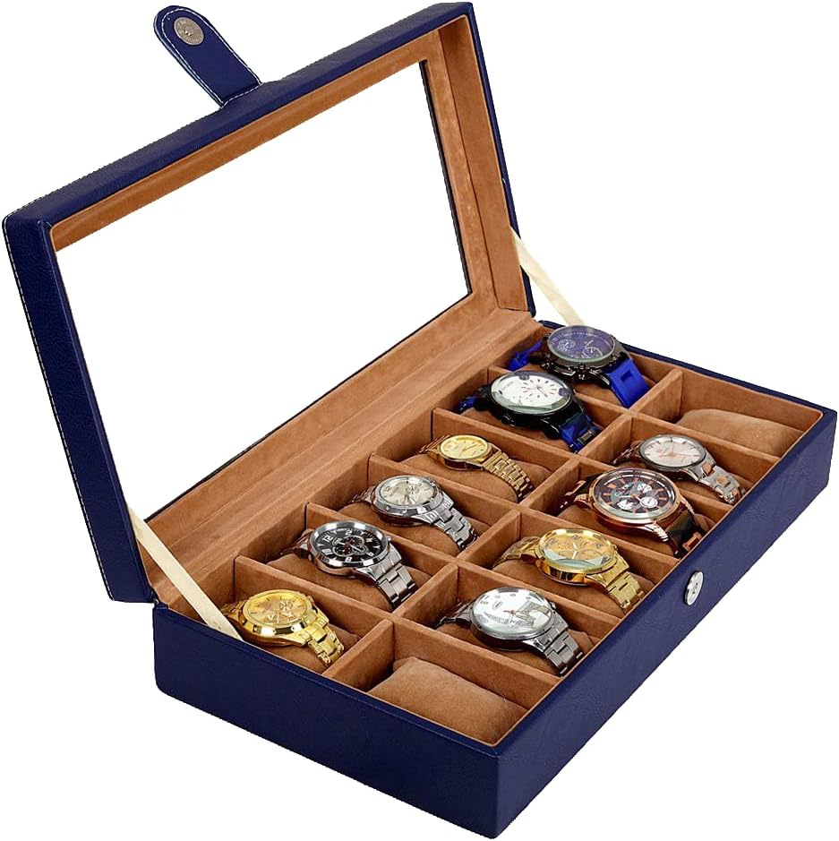 Leather World Premium 12 Slot Watch Box Organizer for Men & Women, PU Leather Watch Storage Case with Transparent Display, Blue