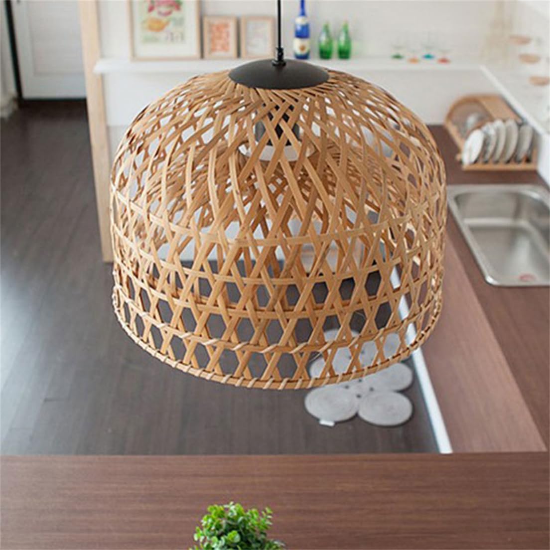 Lámpara Colgante De Techo Americana Sencilla Sobre Mesa Iluminación Colgante De Cúpula De Ratán Tejida A Mano Lámparas De Techo Grandes Tejidas Para Isla De Cocina, Vestíbulo O Dormitorio