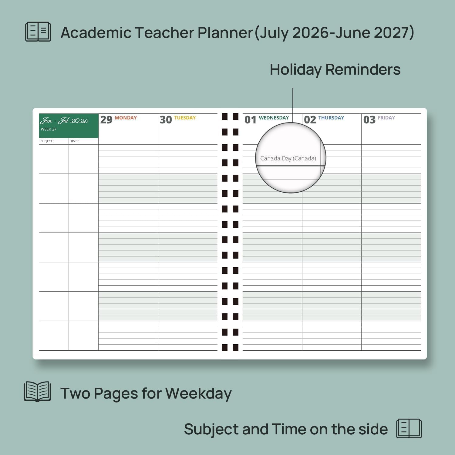 POPRUN Planner per lezioni per insegnanti 2026-2027 (formato lettera: 21,9 x 27,9 cm), planner accademico da luglio 2026 a giugno 2027, con quaderno dei voti e linguette mensili a colori, carta spessa