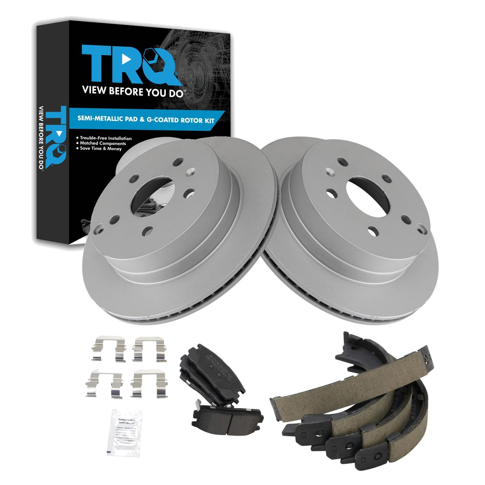 TRQ Rear Brake Pad and Rotor Set Semi Metallic G Coated Rotors Parking Shoe Compatible with 2010-2017 Chevrolet Equinox GMC Terrain