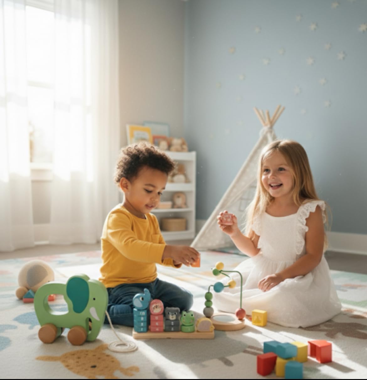 Premium Holzspielzeug Set für Kleinkinder. Multifunktionales Motorikspielzeug 3-in-1. Nachzieh-Elefant, Stapelturm & Motorikschleife. Fördert Feinmotorik, Zählen, Koordination & Wahrnehmung.