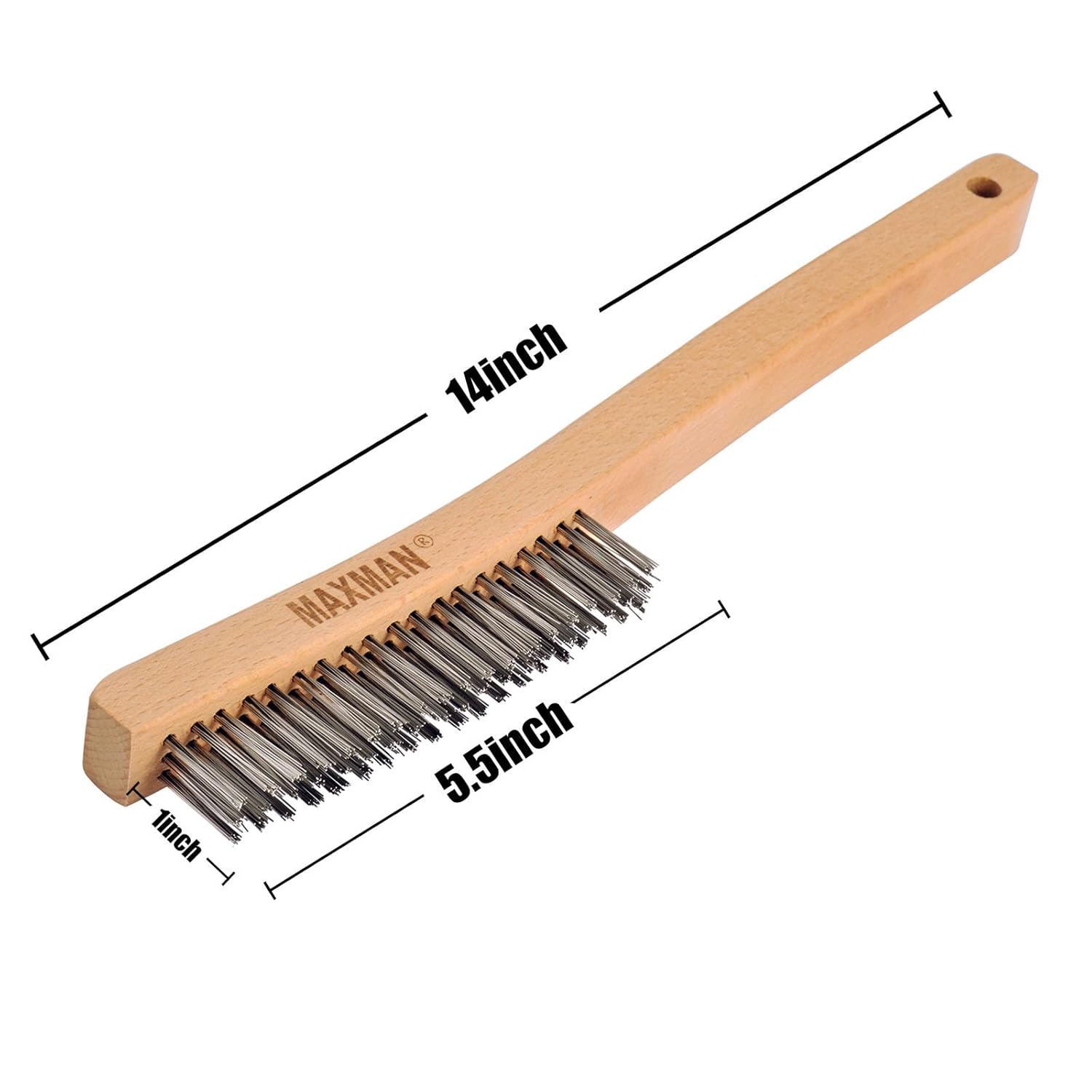 MAXMAN Wire Brush, Heavy Duty Stainless Steel Wire Brushes for Cleaning Rust, Grill Brush, Steel Brush for Paint Removal, Welding, Stiff Bristle Metal Brush with 14" Beech Long Handle, Large, 2Pcs