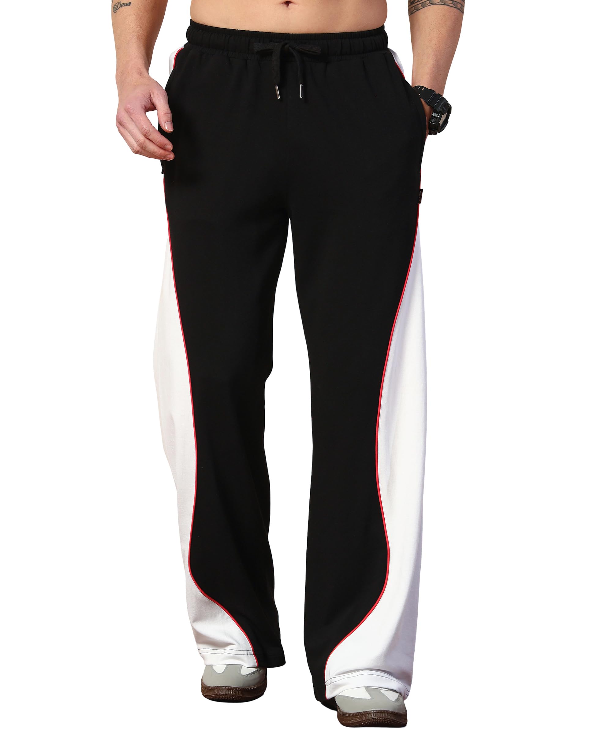 pockman Men Black & White Curve Pipping Wide Leg Comfort Joggers-picture-10