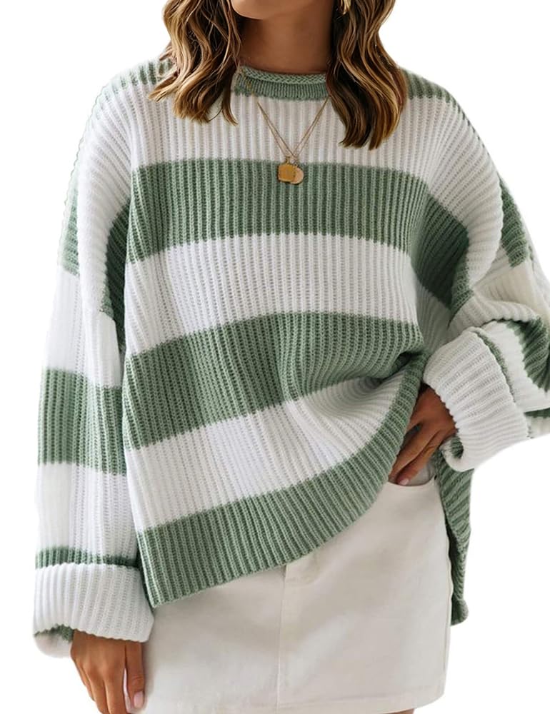 Womens Striped Knitted Pullover Crew Neck Fall Winter Sweater Long Sleeve Color Block Jumper